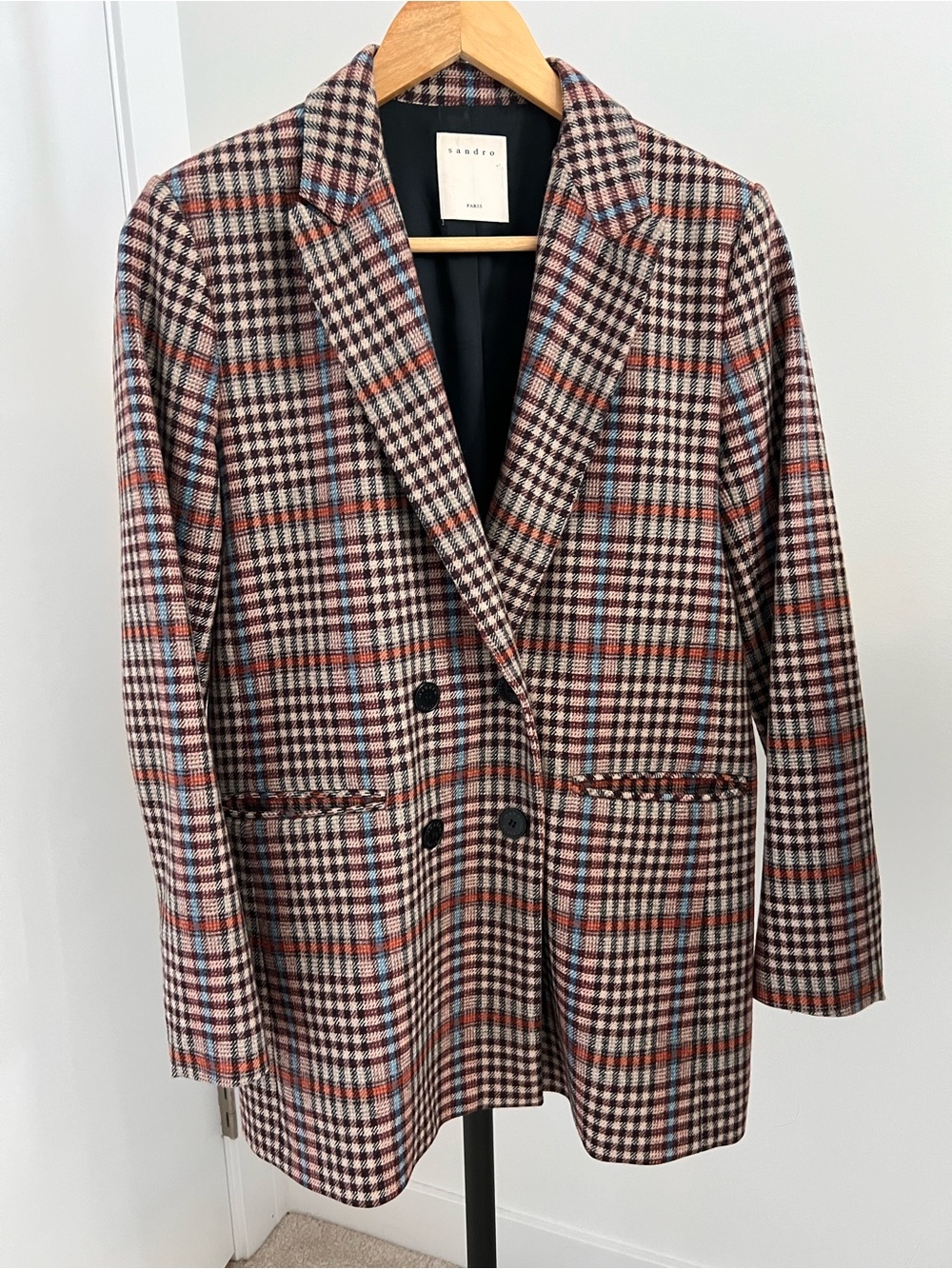 SANDRO PARIS Wool Plaid Double Breasted Blazer Size FR 38 (US 6)